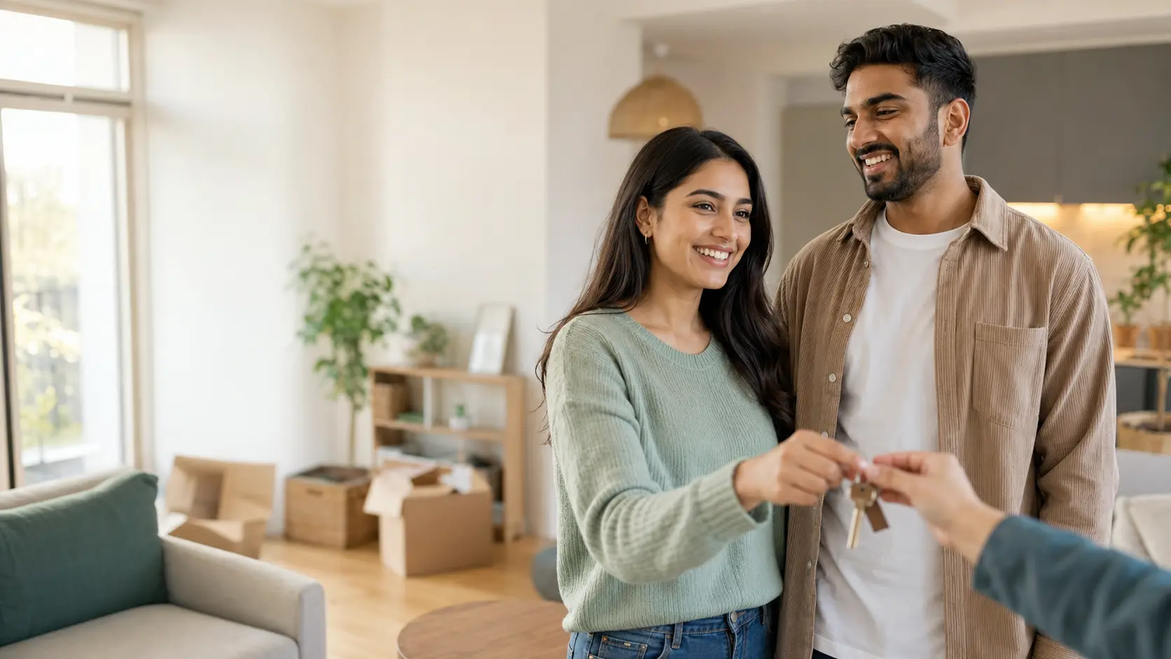 First-time buyer holding keys outside a modern home
