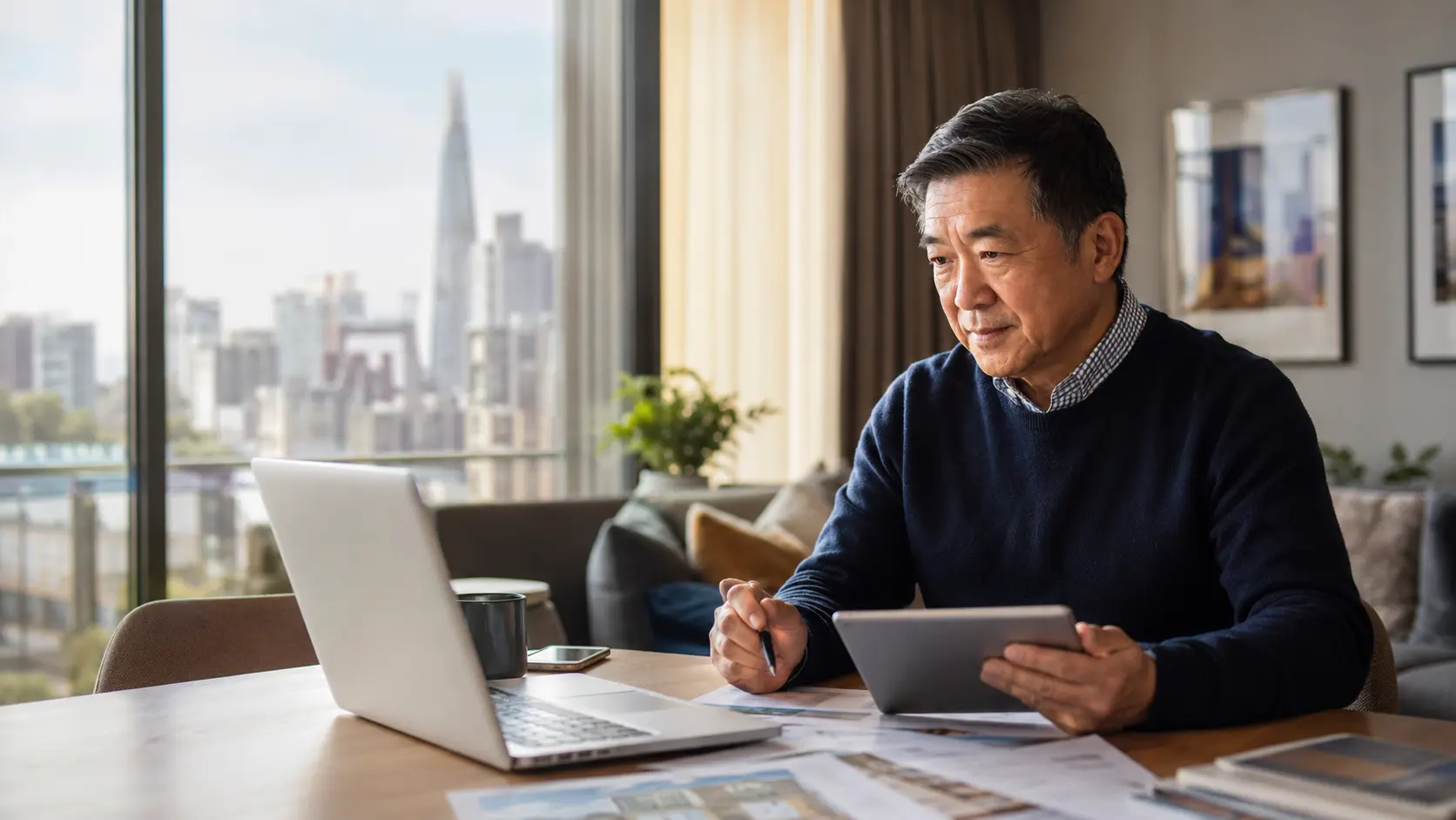 Property buyer reviewing figures and new-build development information