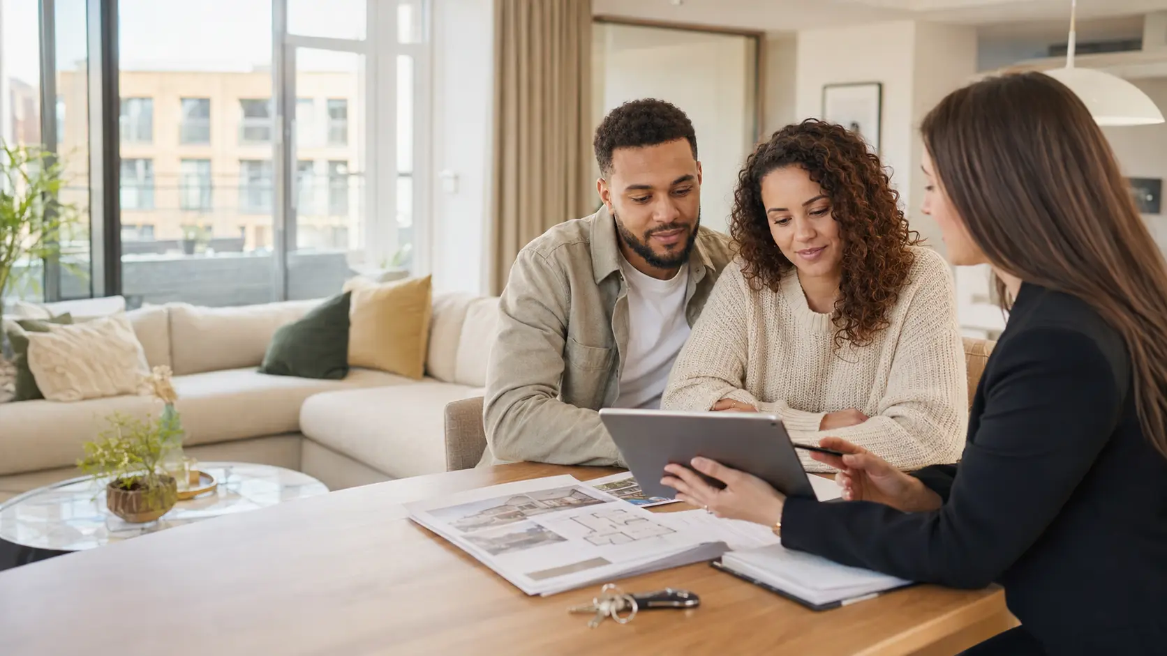 Property buyers discussing their next new-build home