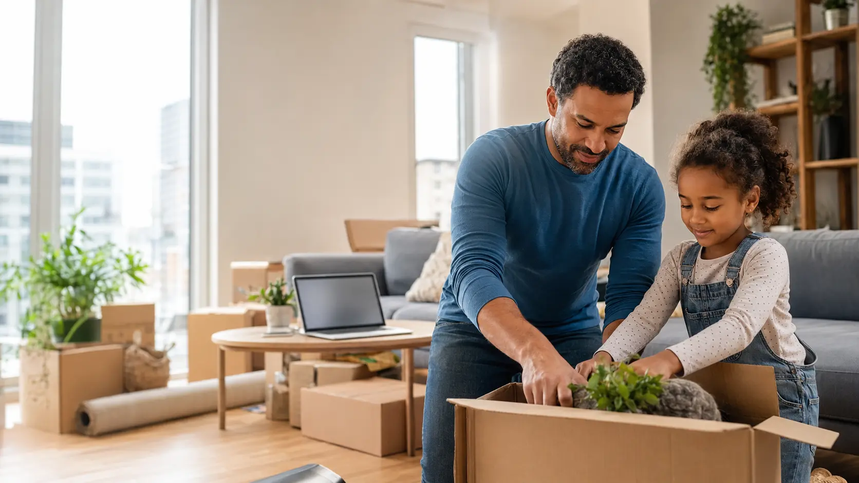 Home movers packing boxes in a bright contemporary room