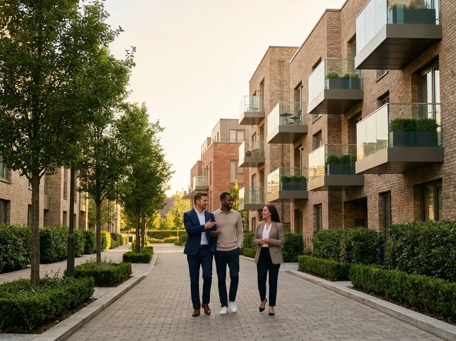 Buyers exploring a landscaped new-build neighbourhood with an adviser