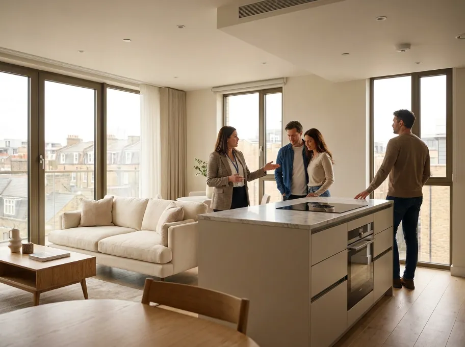 Buyers viewing a contemporary new-build property with an adviser