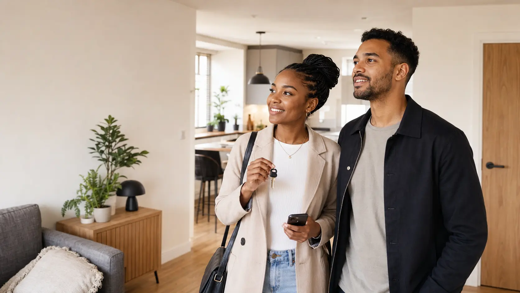 First-time buyer holding keys outside a modern home