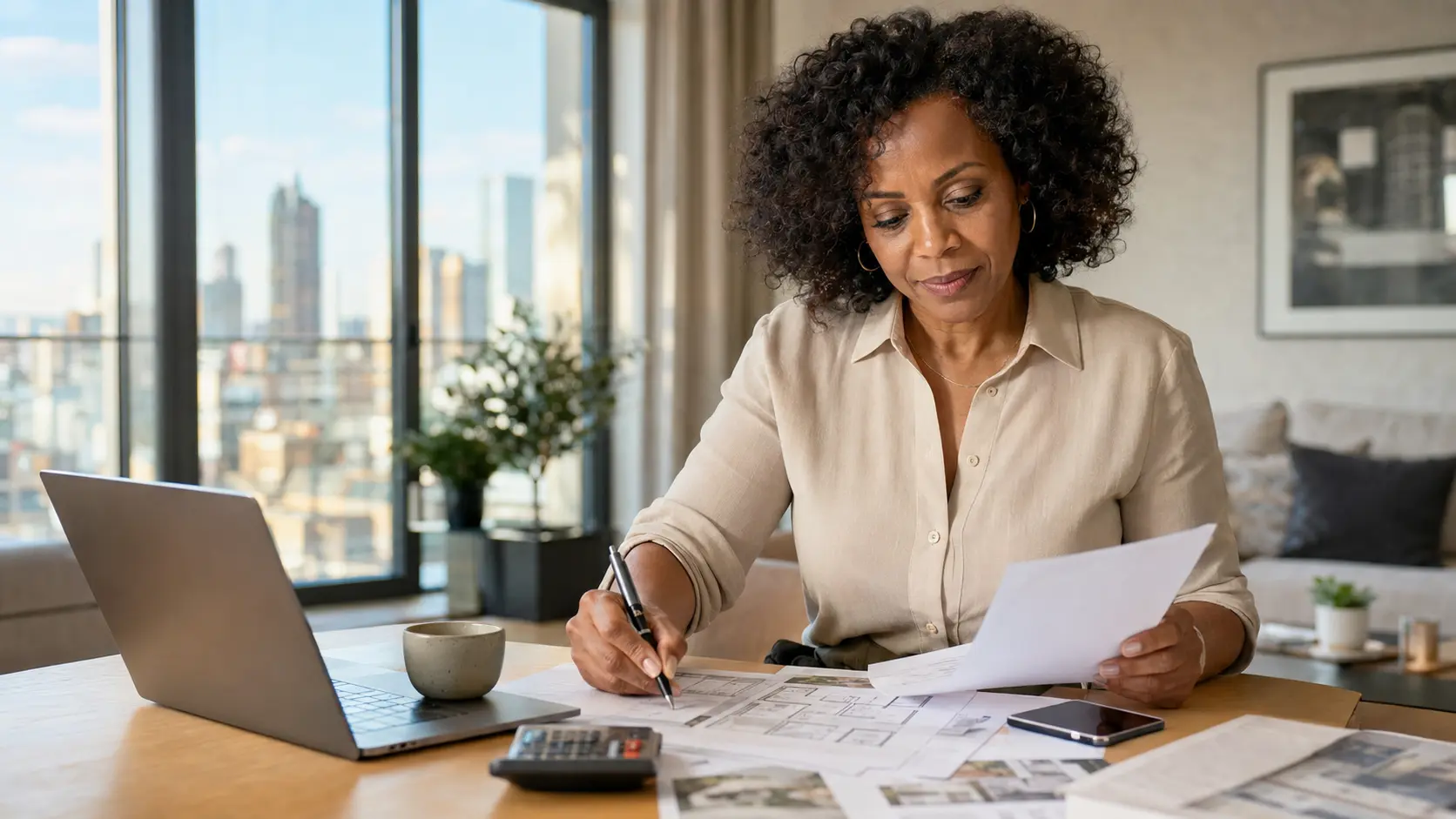 Property buyer reviewing figures and development information
