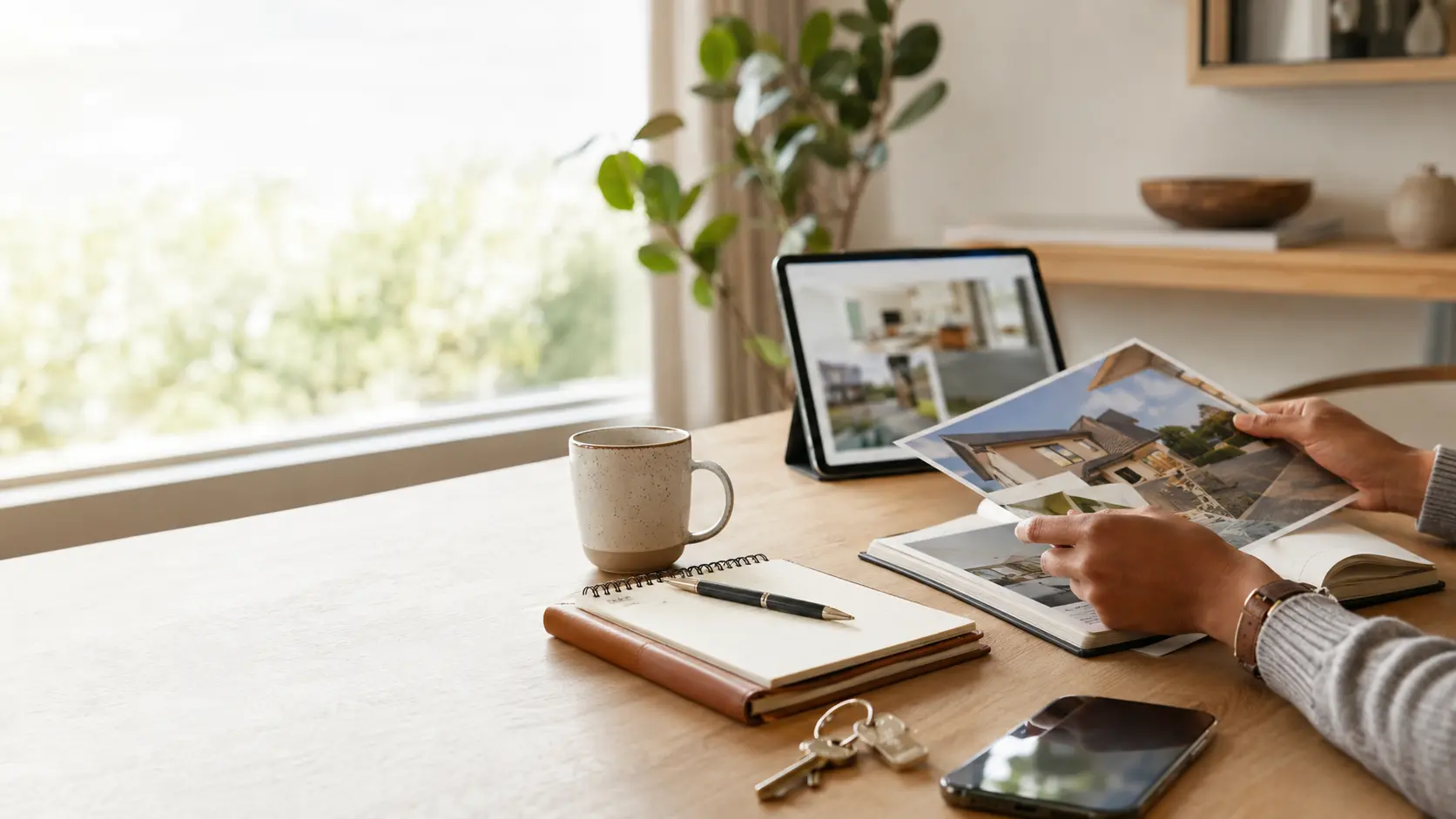 Buyer reviewing a practical new-build property guide with a notebook