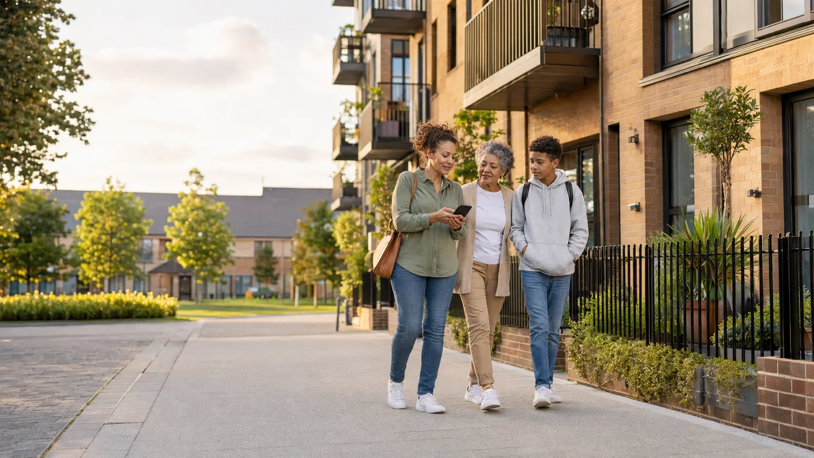 Family walking near contemporary homes in Reading and the Thames Valley